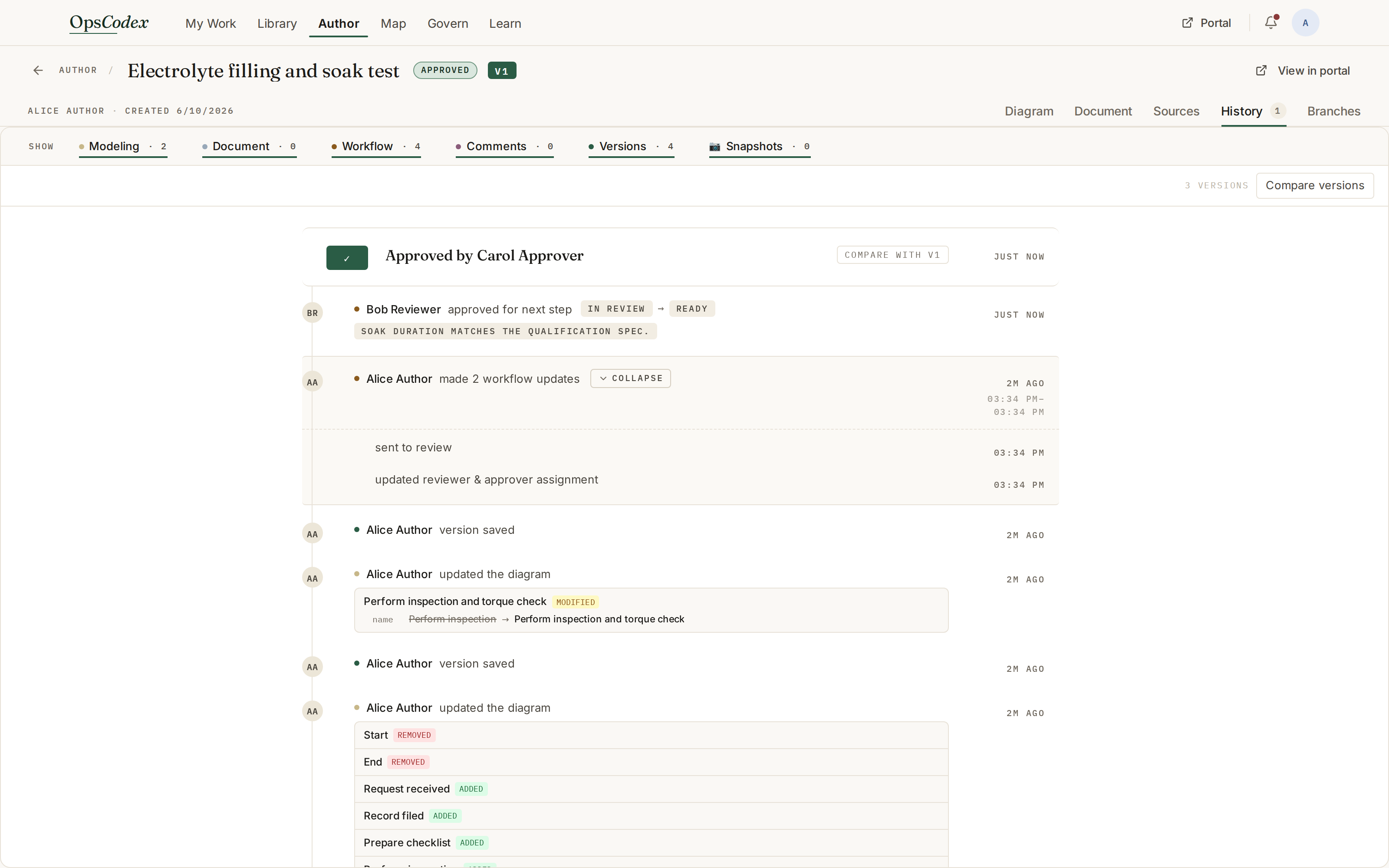 OpsCodex Studio — version history and audit timeline