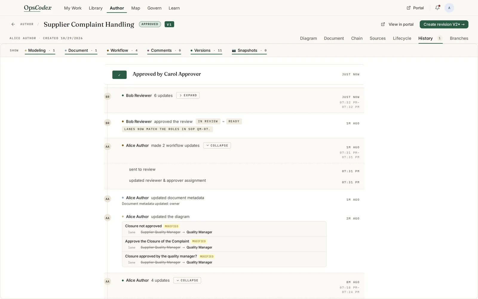 Version history in OpsCodex